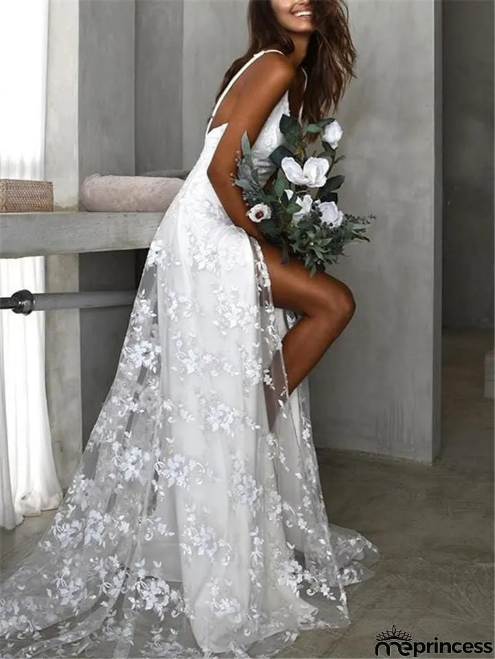 Spaghetti Strap Low V Neck Floral Lace High Slit Wedding Dress