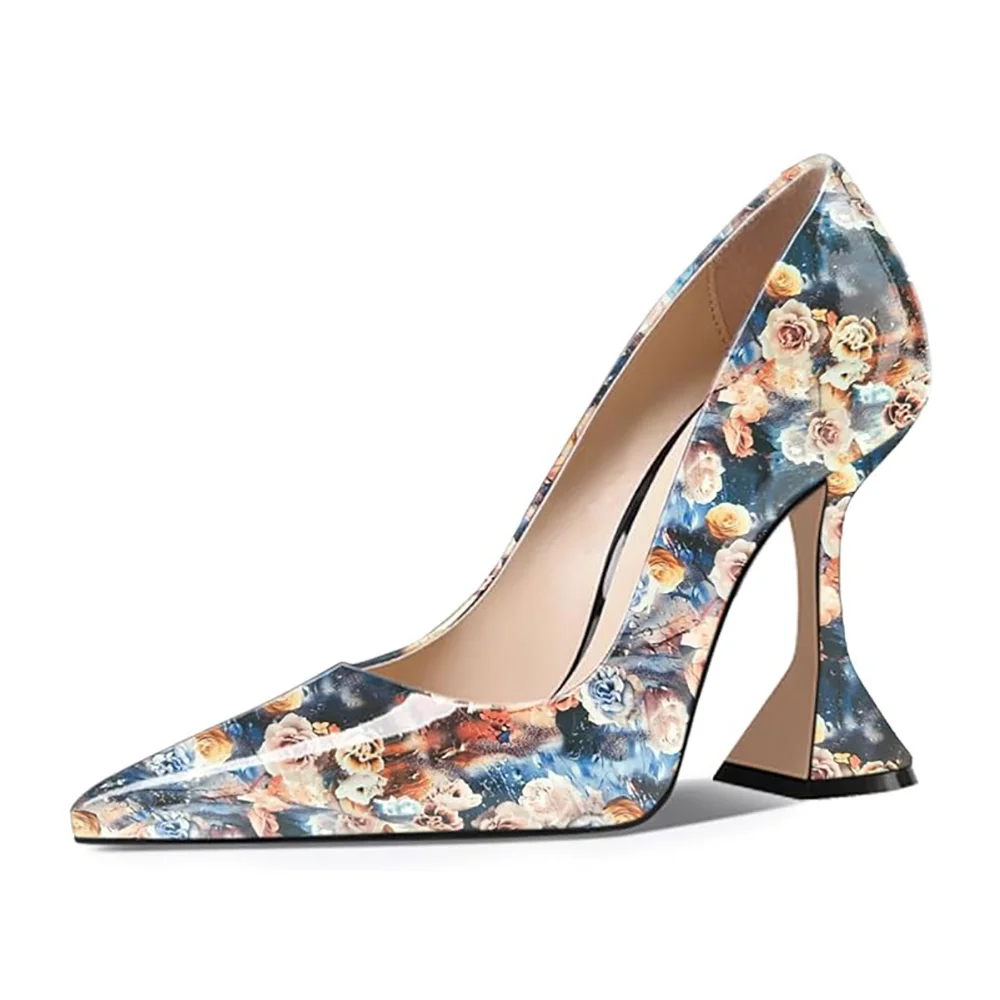 Colorful Floral Printed Patent Leather Pointed Elegant Pumps in Blue