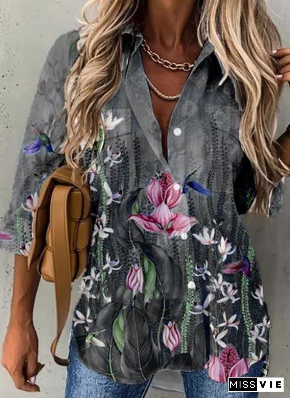 Lapel 3/4 Sleeve Printed Shirt