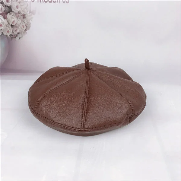 Pleated Beret Hat For Women British Style All-Match Solid Color Leather Hat