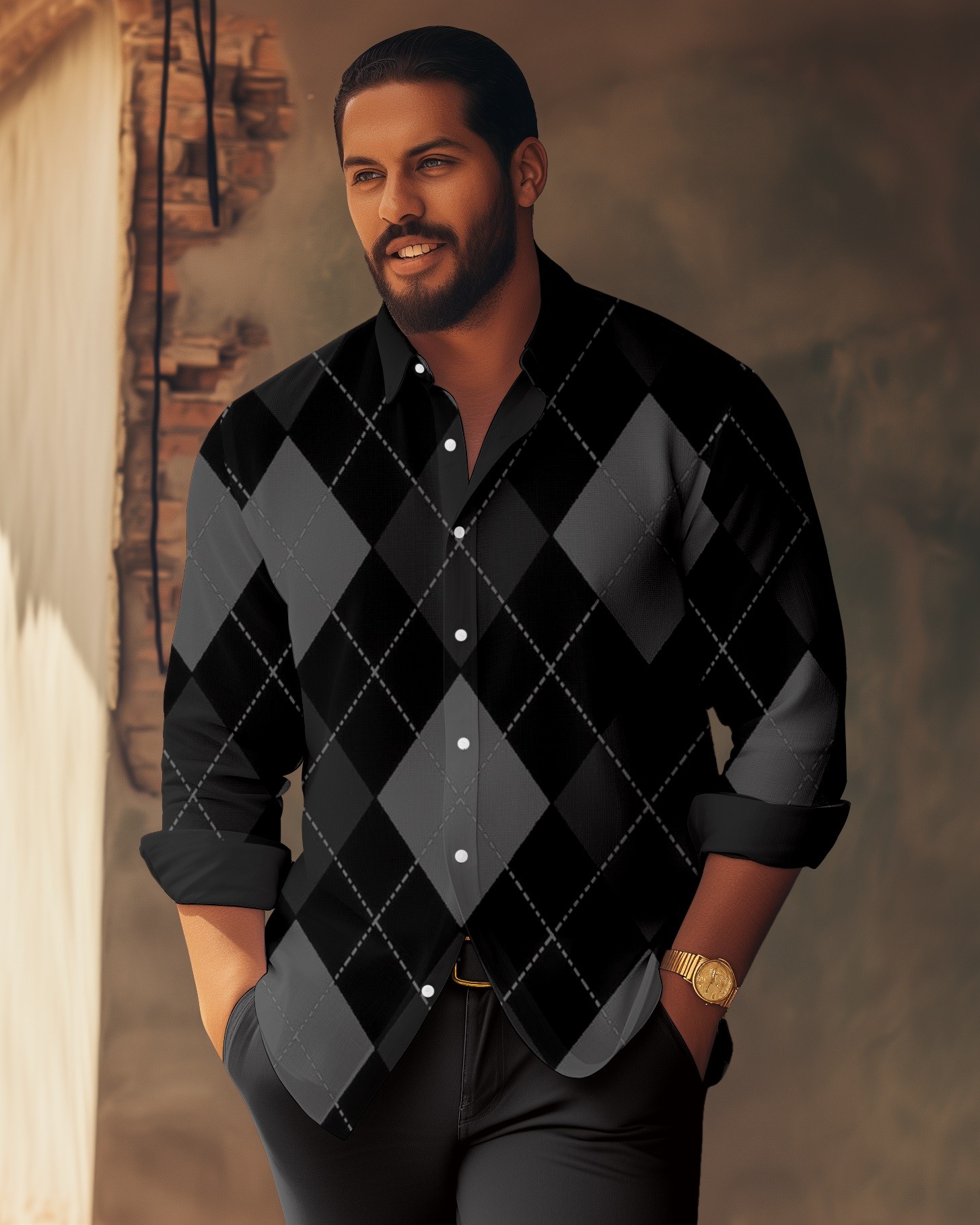 Men's Geometric Plaid Casual Colorblock Long Sleeve Shirt 017
