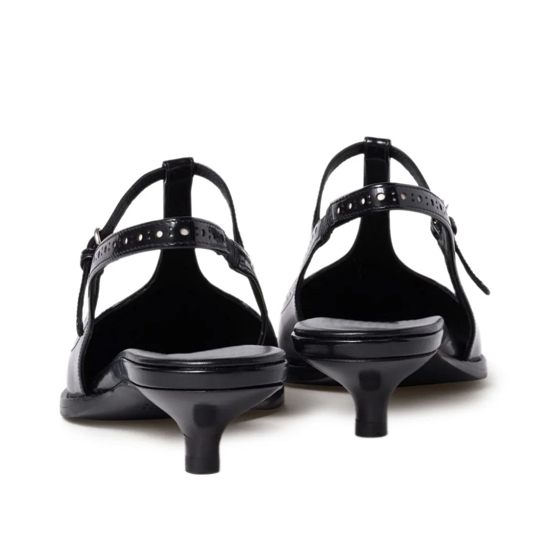 Black Pointed Toe Buckle Strap Slingback Pumps with Kitten Heels