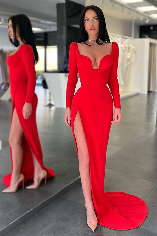 Bellasprom Red Prom Dress Mermaid V-Neck With Slit Long Sleeves Bellasprom