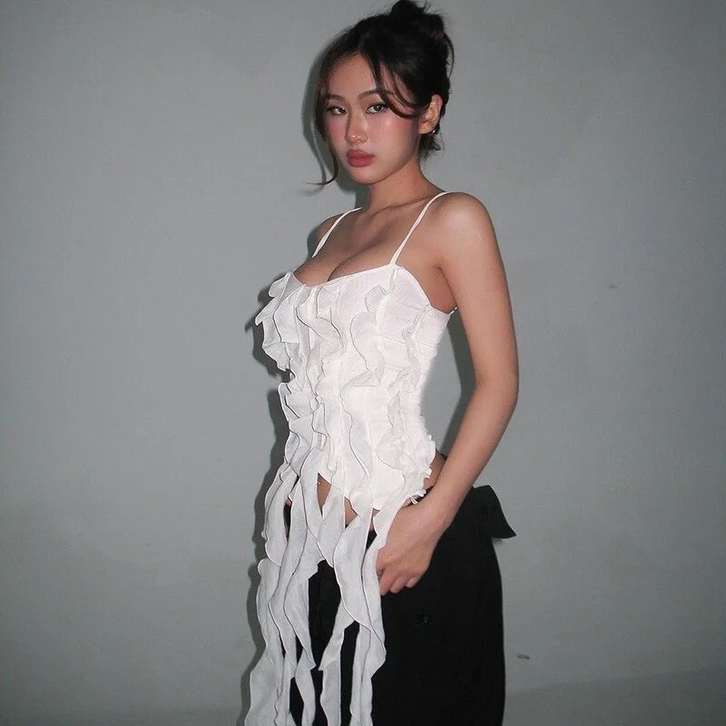 uaang Tassel Women Camisole Crop Top 2023 Spring Summer Solid Spaghetti Straps Fashion Casual Streetwear Female Clubwear