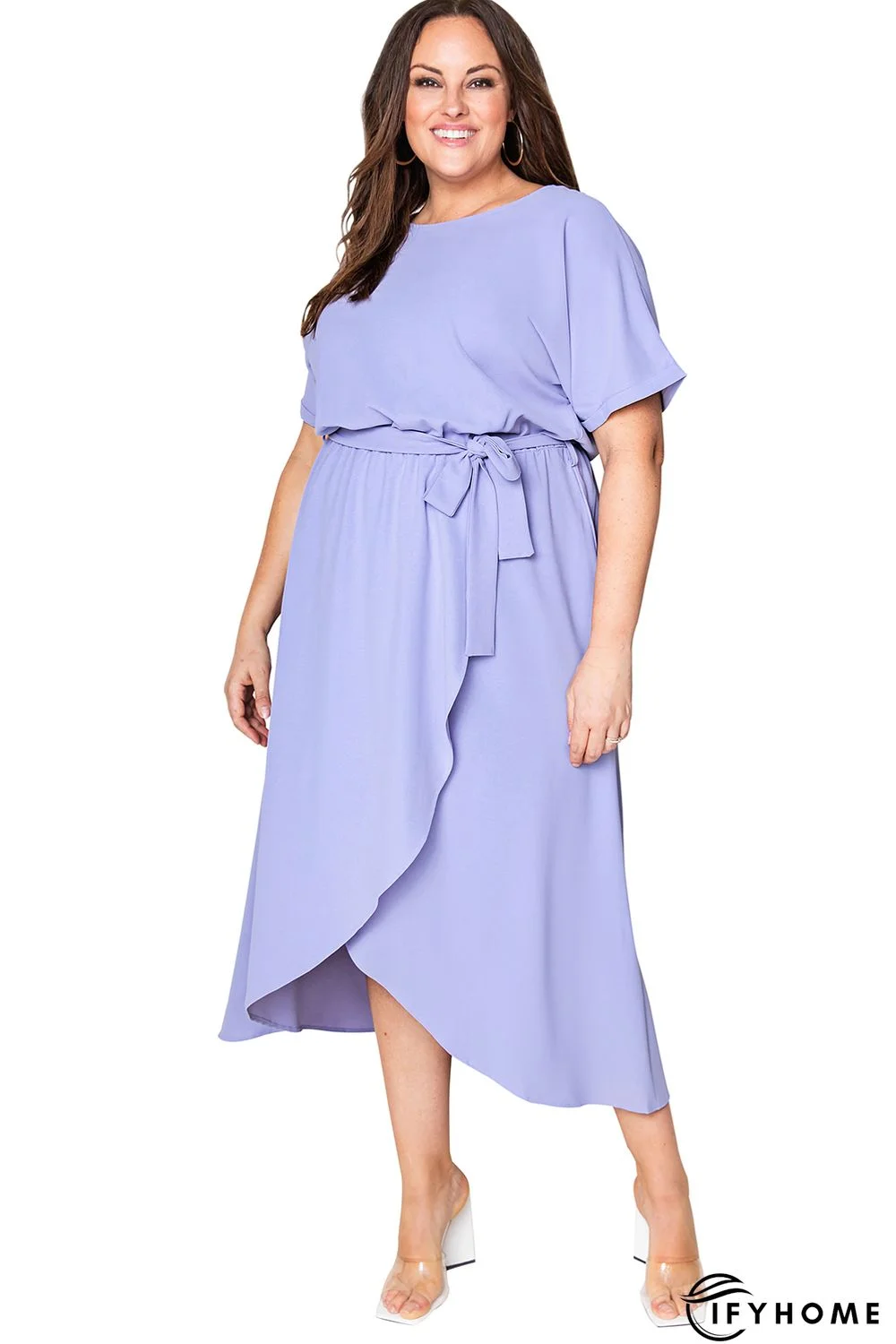 Purple Plus Size Roll up Short Sleeves High Low Maxi Dress | IFYHOME
