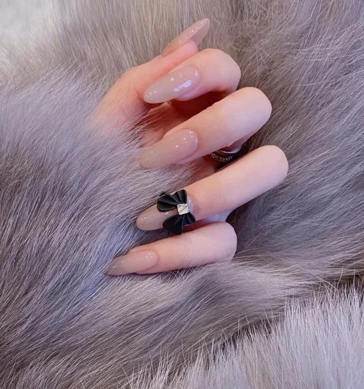 24 Pcs Nude Color nail tips Women Wearable  Fake press on Nails with Diamond Short Round Full Cover artificial nails with Glue-Nail Inspo