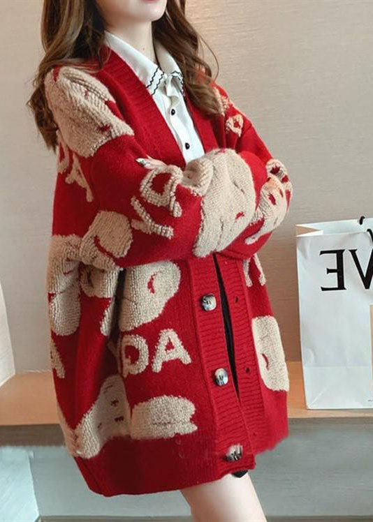 VCSHOES Red Oversized Jacquard Knit Loose Cardigan Winter