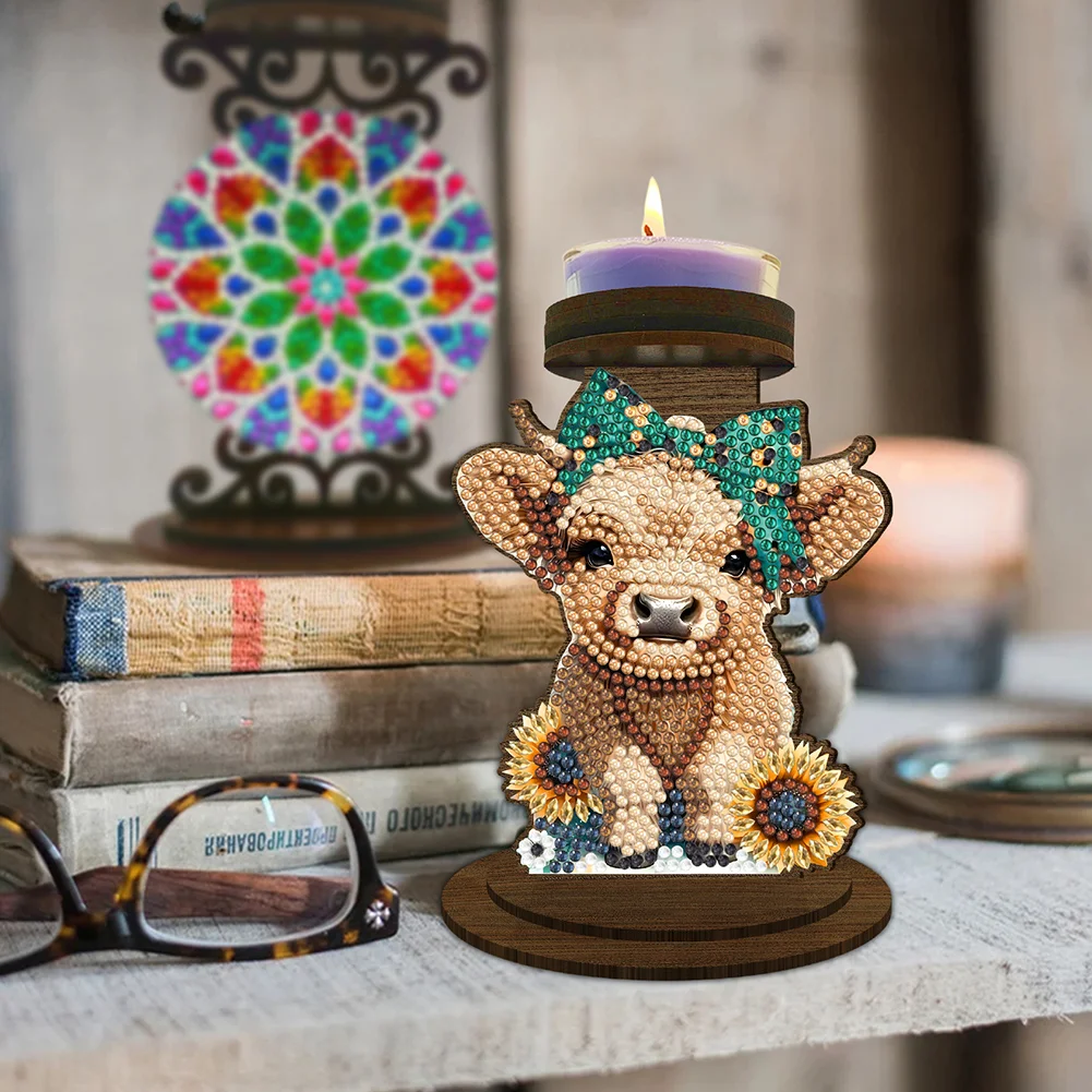 Wooden Highland Yak 5D DIY Diamond Painting Candle Holder Decor for Home Office