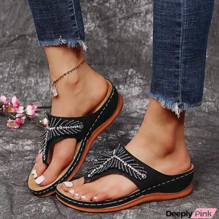 Women Vintage Rhinestone Flip Flops Slipper