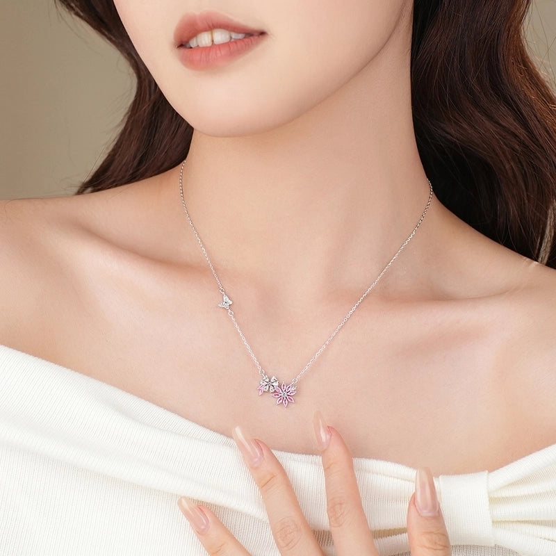 925 Sterling Silver Zircon Cable Chain Plating Flower Pendant Necklace