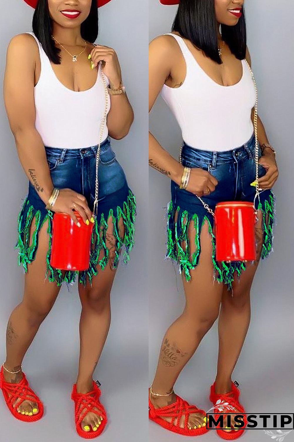 Green Red Green Yellow Royal blue Tassel Design Denim