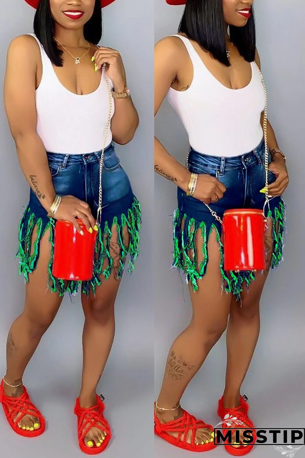 Green Red Green Yellow Royal blue Tassel Design Denim