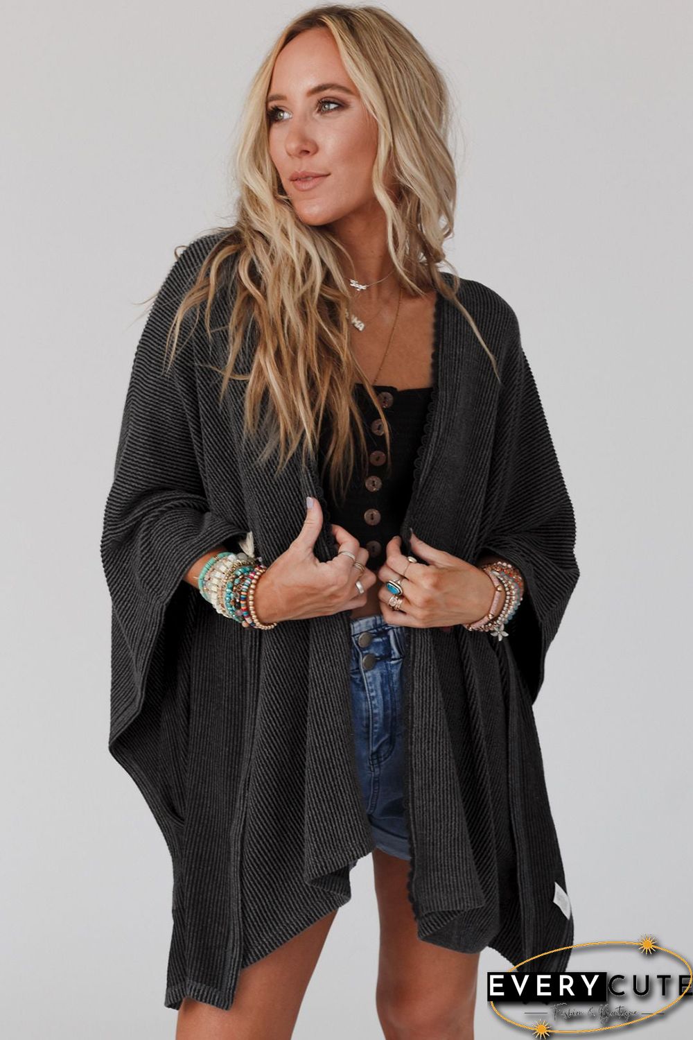Black Lace Trim Ribbed Oversize Kimono
