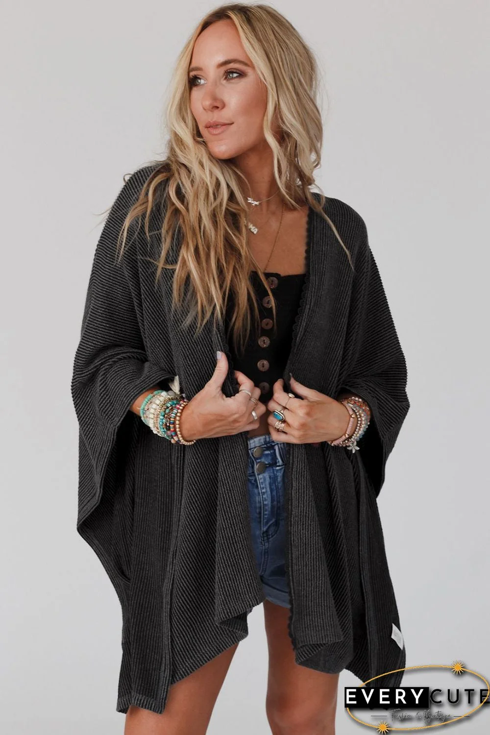 Black Lace Trim Ribbed Oversize Kimono