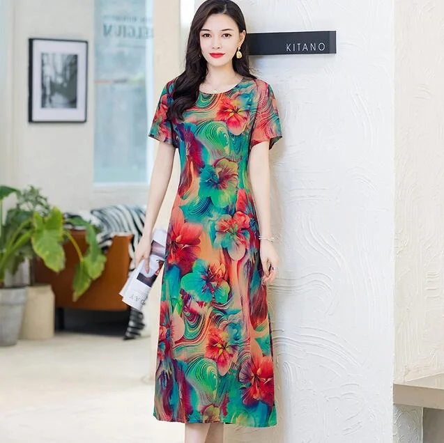 Women Summer Dress Plus Size 5XL Loose Middle-aged Mother Casual Short Sleeve Long Dress O-Neck Floral Print Cotton Dresses