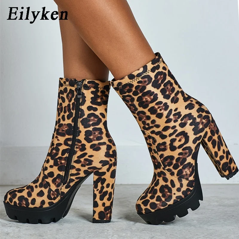 Eilyken 2022 New Fashion Autumn Winter High heels Ankle Boots Women Thick Heel Platform Boots Ladies Worker Boots size 41 42