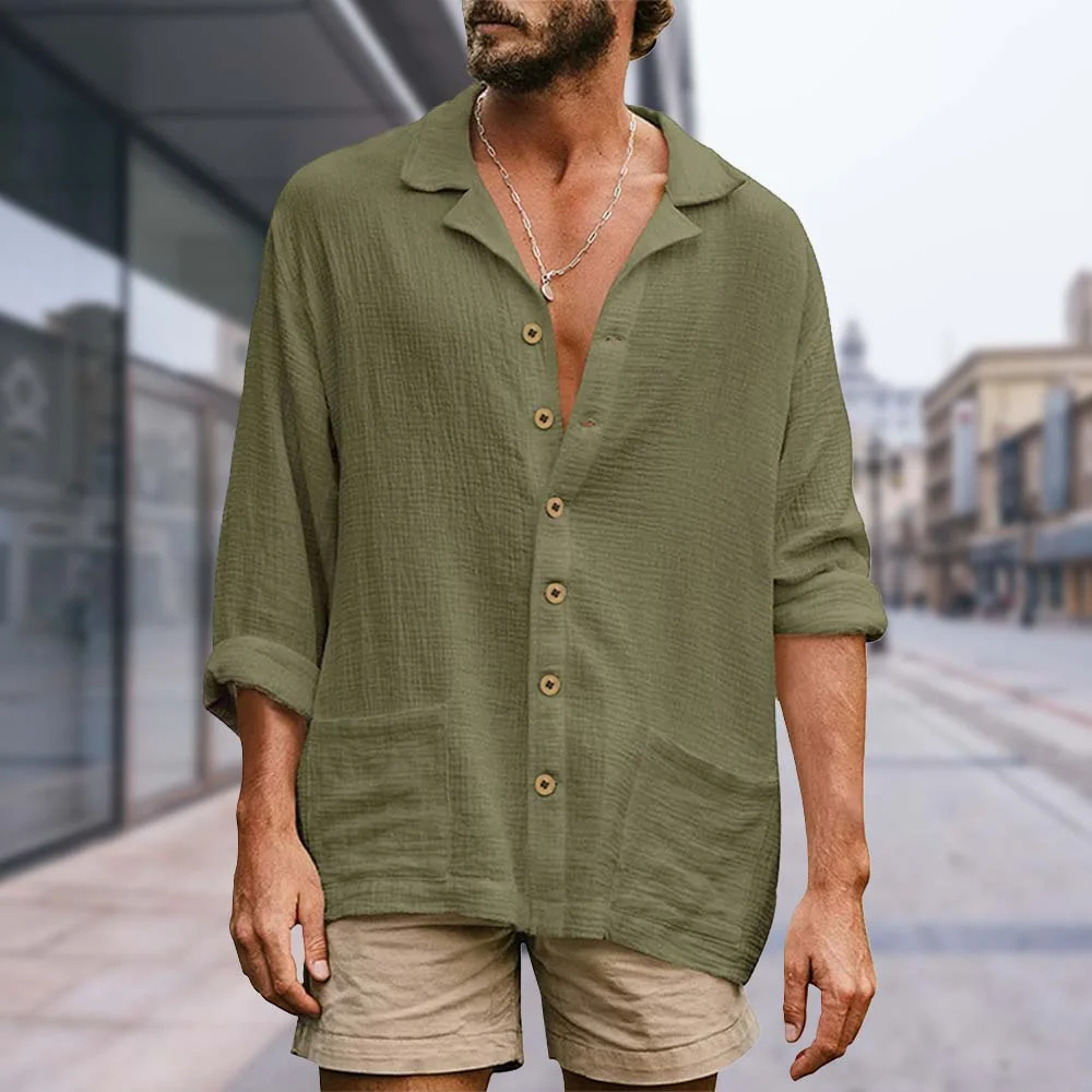 Smiledeer New Men's Fashion Loose Casual Lapel Collar Solid Color Shirt