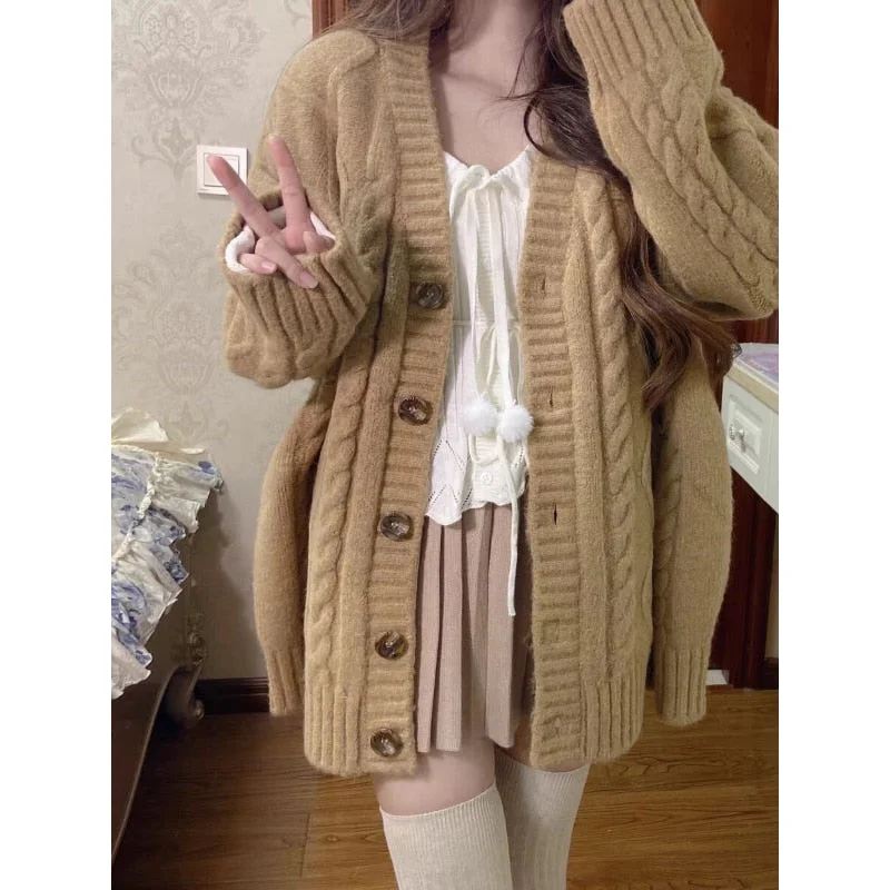 Peneran 2022 Girl Twist Cardigan Women Knitted Sweater Coat Female Japanese Loose Kawaii Tops Oversized Kardigany Pull Femme Y2K