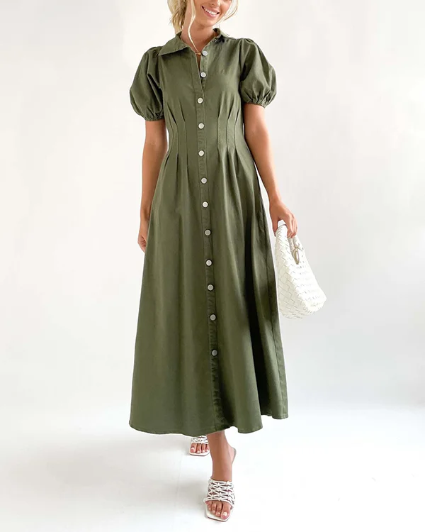 Women's Short Sleeve Solid Button Long Dress