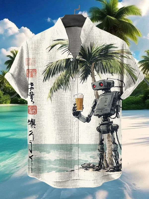 Men's Robot Drinking Under Palm Tree Japanese Art Printed Short Sleeve Shirt