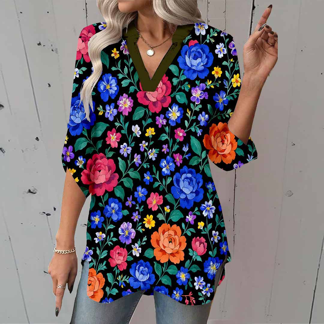 Women Floral, Purple, Red DZGA0348 3/4 Sleeve V-neck Printed Graphic Button Tops