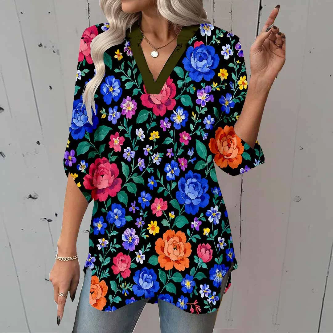 Women Floral, Purple, Red DZGA0348 3/4 Sleeve V-neck Printed Graphic Button Tops