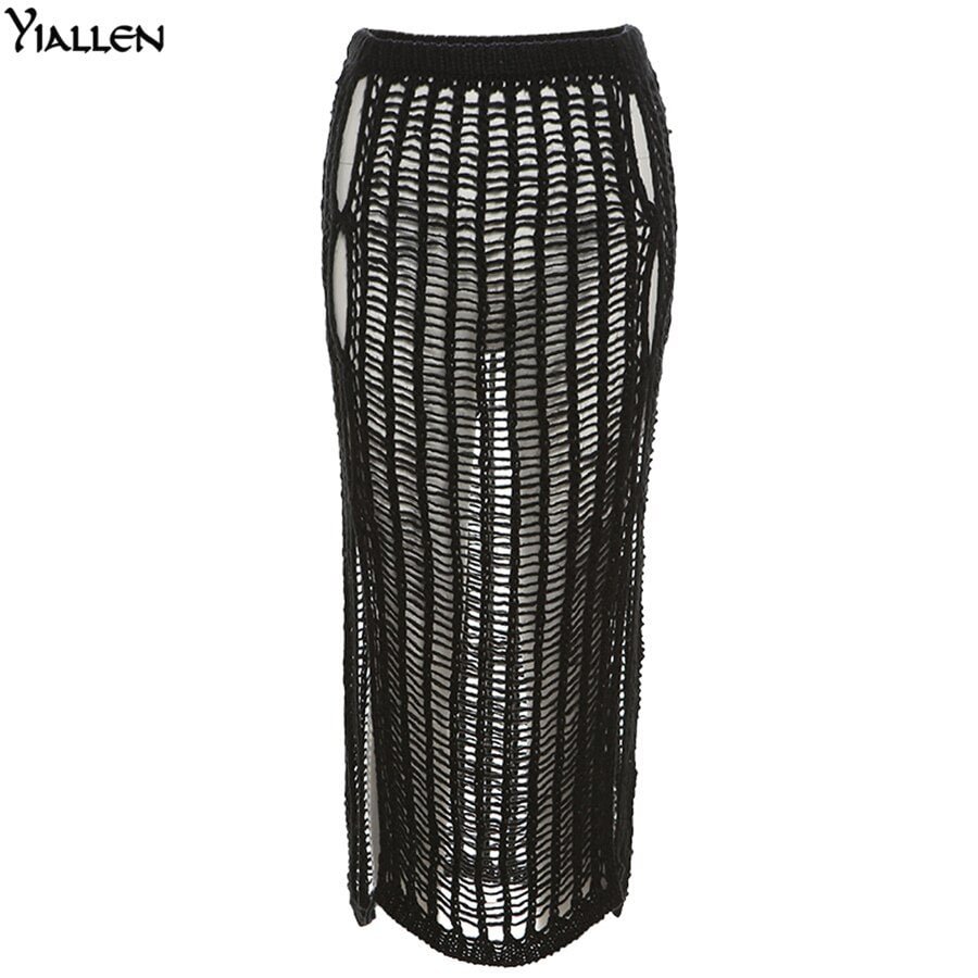 Yiallen Summer Yellow Openwork weaving Long Skirt 2021 New Women Sexy Chic Maxi Skirt Casual Streetwear Club Party Y2k Outfits
