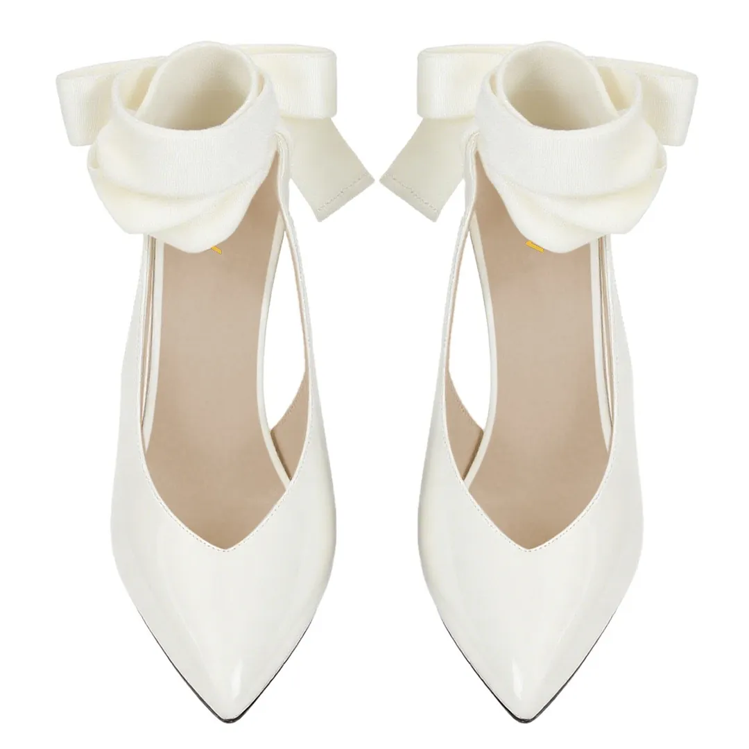 Women's Pointed Toe Cone Heel Slingback White Pumps with Bow