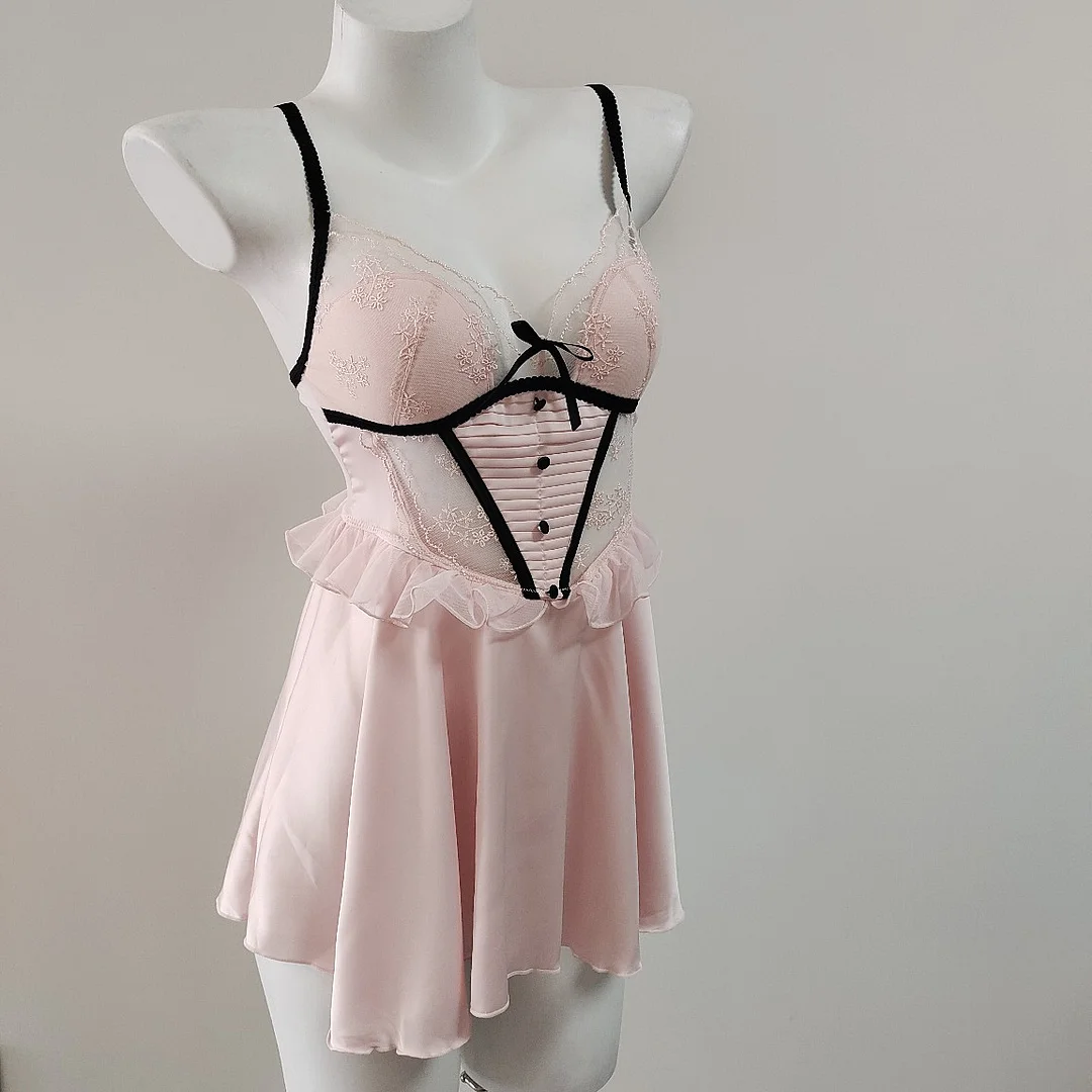 Brownm Brownm With Chest Cushion Pure Lust Wind Pajamas Female French Pure Lust Wind High-Grade Lace Perspective Thin Ice Ribbon Sling Skirt