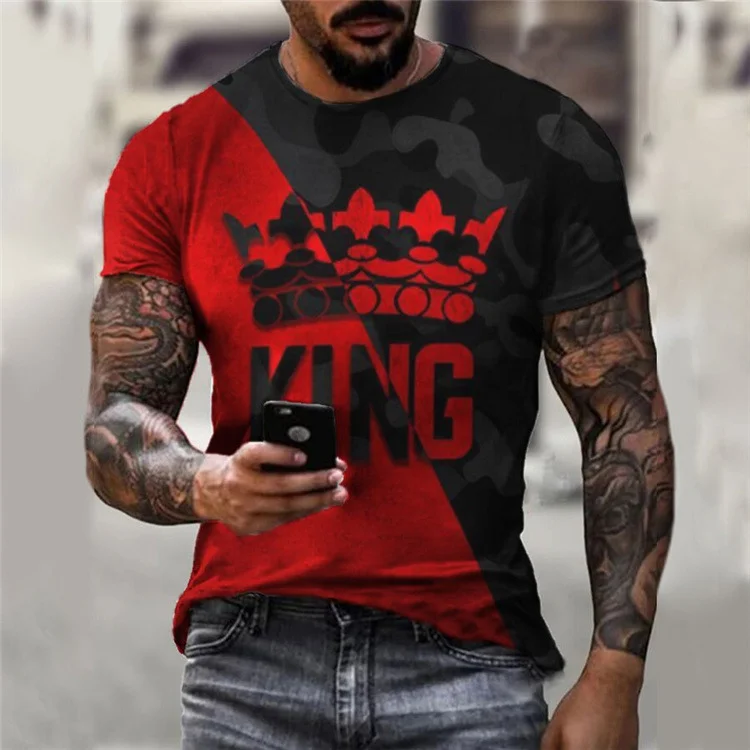 BrosWear Contrast Color Stitching King Print T-Shirt