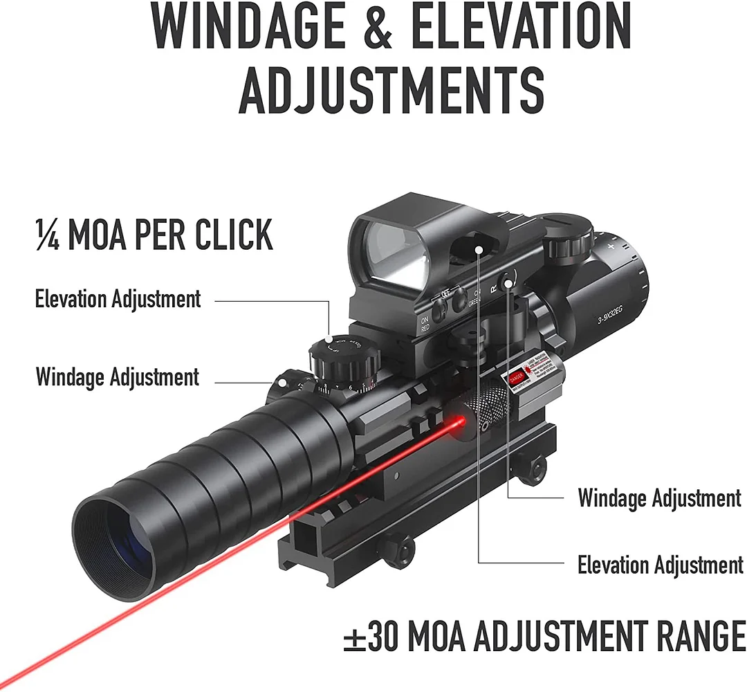 ohhunt® Rifle Scope Combo, 3-9x32 Rangefinder Scope, Red & Green Dot Sight, Laser