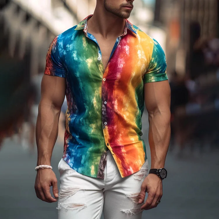 BrosWear Rainbow Tie-Dye Print Short Sleeved Shirt