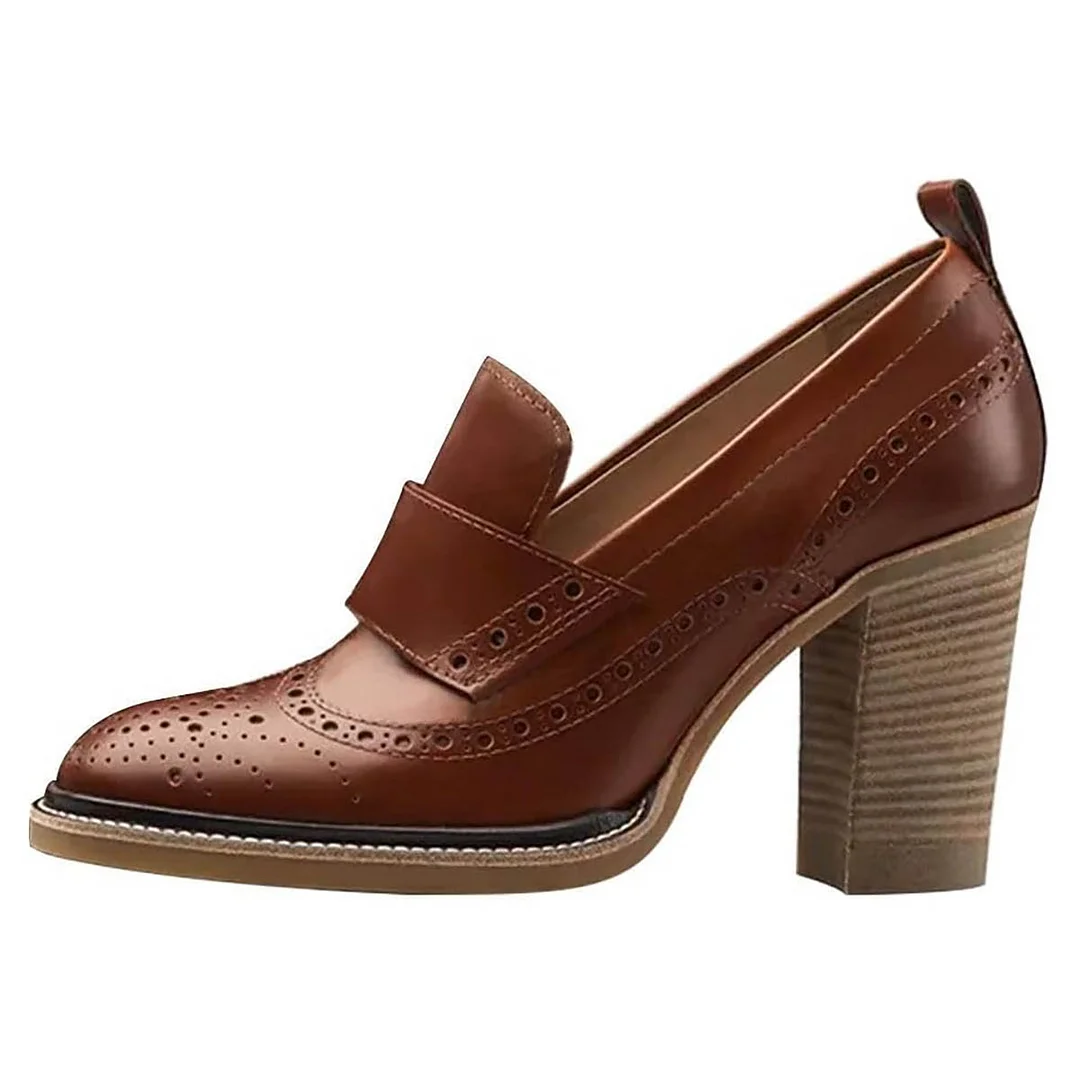 Brown Round Toe Chunky Heel Slip-On Women's Loafers with Hollows