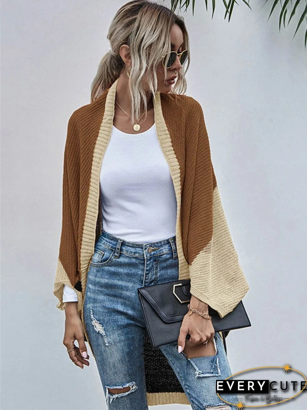 Contrast Shawl Knitted Cardigan Sweater