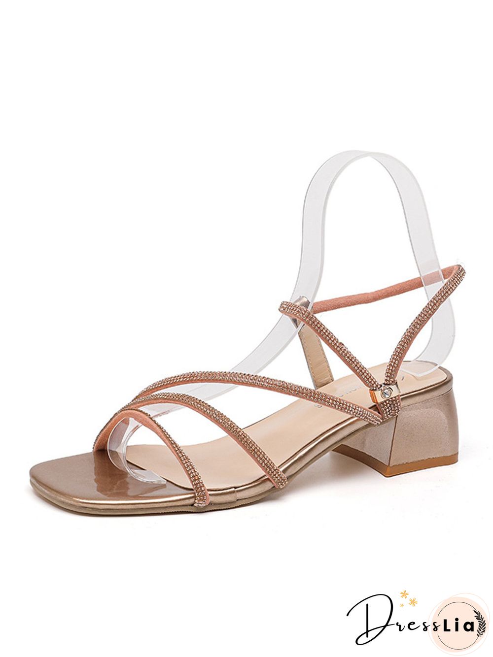 Rhinestone Thin Strap Chunky Heel Sandals