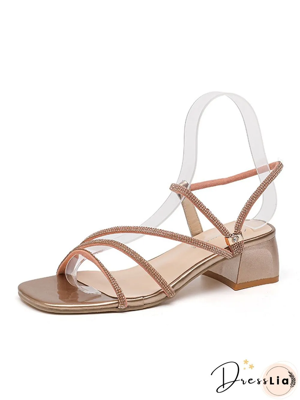 Rhinestone Thin Strap Chunky Heel Sandals