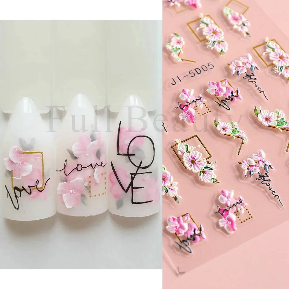 Churchf Nail Stickers Flowers Geometric Lines Decor Acrylic Embossed Sliders Gold Frame Nail Decals Cherry Blossom Manicure GLJI-5D05-Nail Inspo