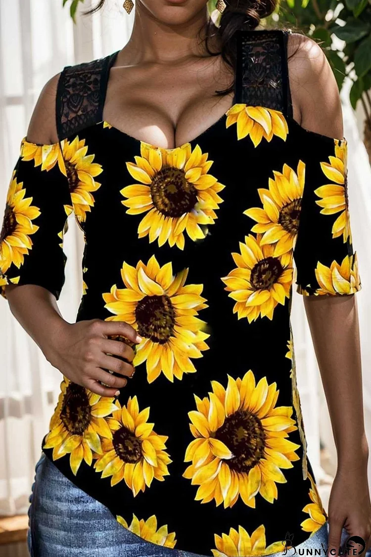 sunflower print off shoulder hollow wide shoulder strap t shirt