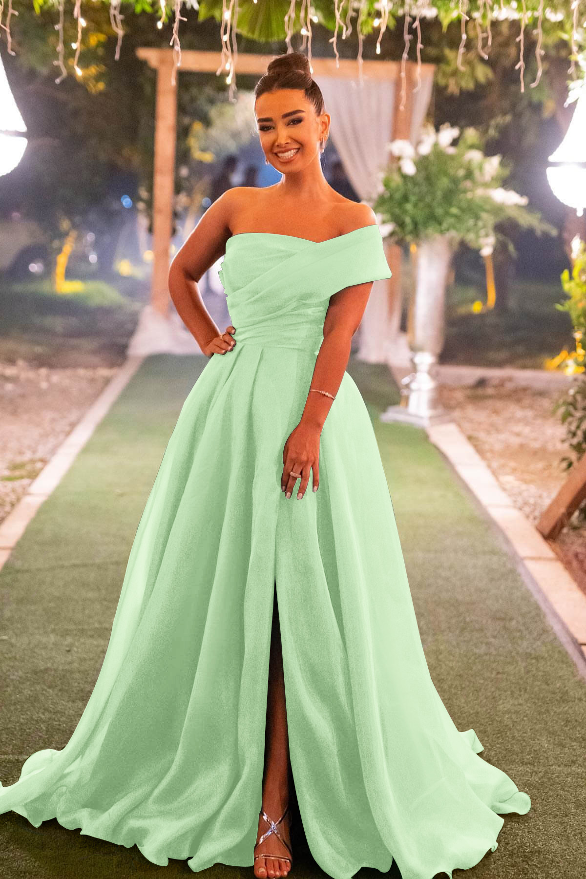 Glamorous Dark Green Off-the-Shoulder Evening Dress Mermaid Split WIth Ruffles