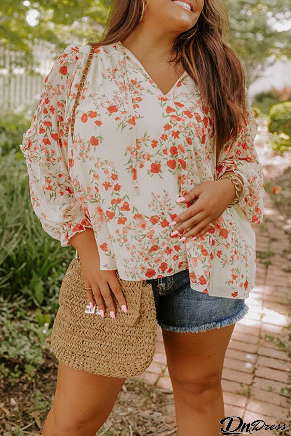 Plus Size Women Vintage Flower Spliced Worn Loose Blouse