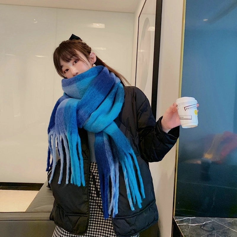 Knock On The Beauty Drop ~ A Big Love Thick Braid Rainbow Checkered Color Matching Scarf Winter Cashmere Plaid Tassel Shawl