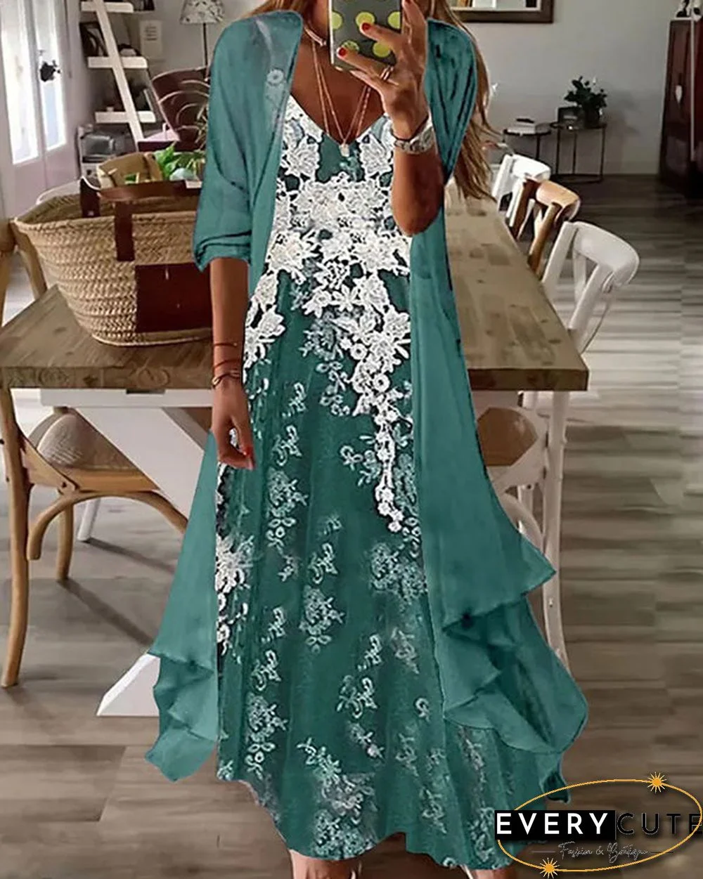 Fake Two-piece Half-sleeve Printed Pleated Casual Sexy Dress