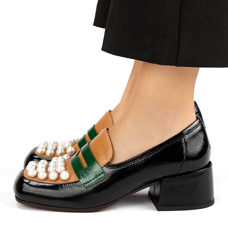 Multicolor Square Toe Block Heels Women's Vintage Studs Pumps Casual Loafer Shoes |FSJ Shoes