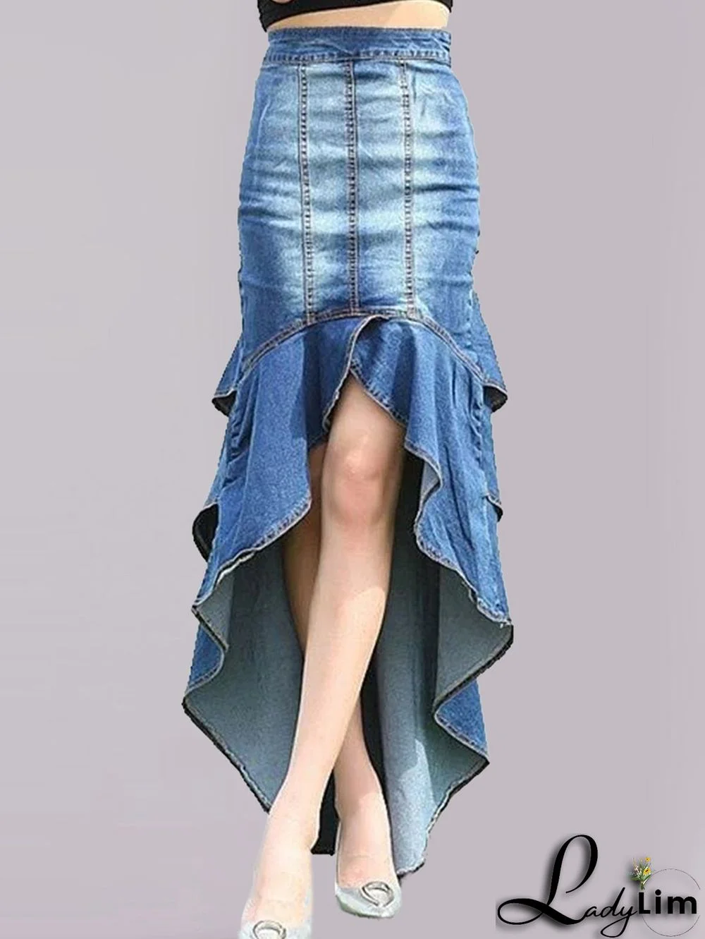 Elegant Plain Light Washed High Low Hem Denim Bodycon Skirt