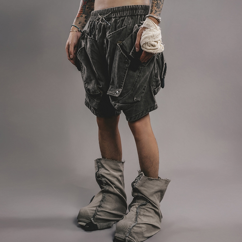 Wasteland Loose Distressed Three-Dimensional Pocket Elastic Waist Shorts