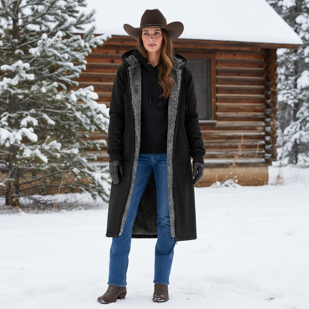 Women's Vintage Fleece Pocket Full Zip Long Sleeve Hoodie Long Coat