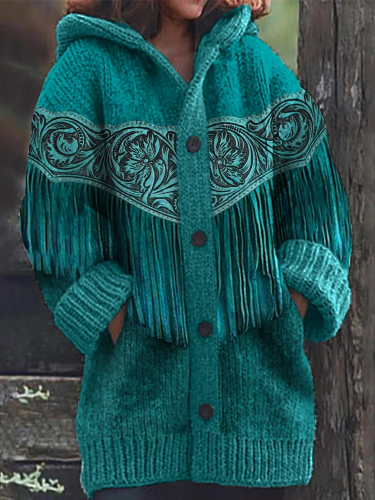 Western Tassels Floral Leather Art Cozy Hooded Cardigan