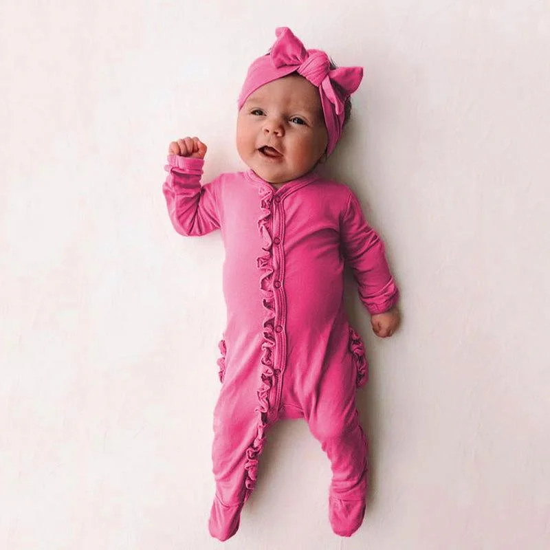 Sweet Solid Printed Fold Edge Long Sleeve Baby Jumpsuit With Headband