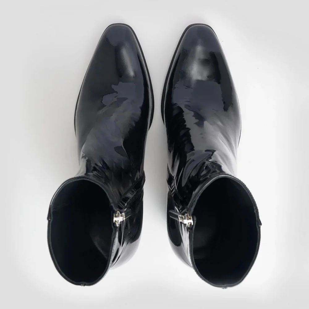 Black Patent Leather Almond&nbsp;Toe High Heel Short Boots for Women