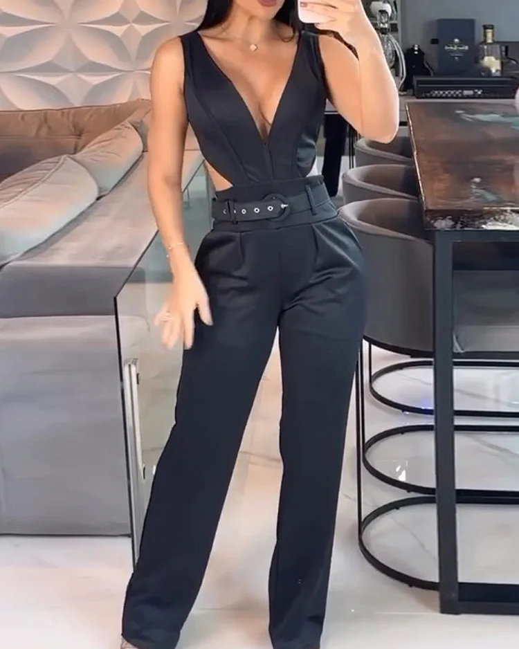V-neck sleeveless hollow jumpsuit